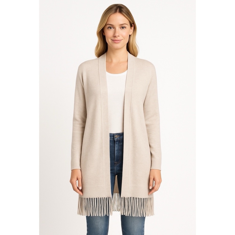 360 Cashmere Longline Fringe Cardigan Womens Small Beige Open Front Sweater